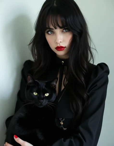 Create a dramatic and artistic portrait of a young woman with long, jet-black hair holding a black cat close to her chest. The woman’s hair is smooth, flowing, and perfectly styled with soft waves cascading down her shoulders. She has a piercing gaze that ...