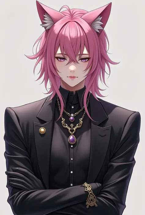  Handsome anime boy with straight fuchsia hair,good body,high,black suit  ,jewelry,  , smiling, white skin , Cat Ears ,Serious, elegant