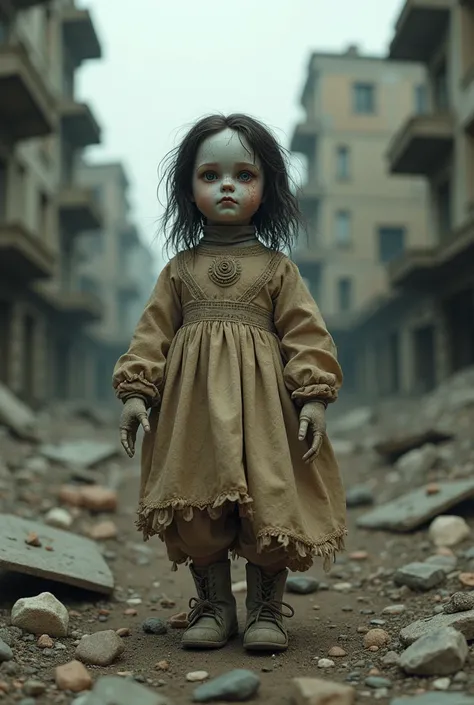 (photorealism:1.2), Realistic photo of an unraveled doll in a destroyed city