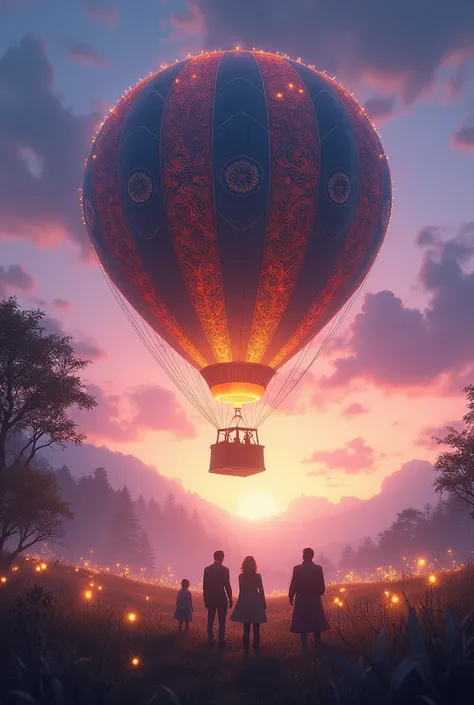  A large hot air balloon starting to take off , surrounded by a magical environment .  The globe has vibrant and detailed patterns that emit a soft glow ,  with golden sparkles floating around .  The stage is a quiet meadow under a twilight sky that mixes ...