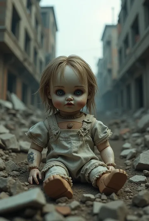 (photorealism:1.2), Realistic photo of an unkempt doll in a destroyed city