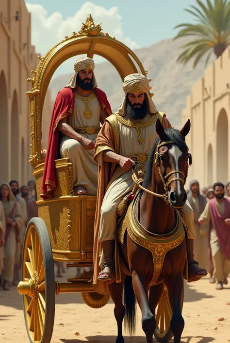 Joseph dressed as governor of the biblical era  ,  on top of a horse cart together with the King in the cart , The cart is made of gold ,  the front of the cart a little far away has a crowd everyone is curious,  