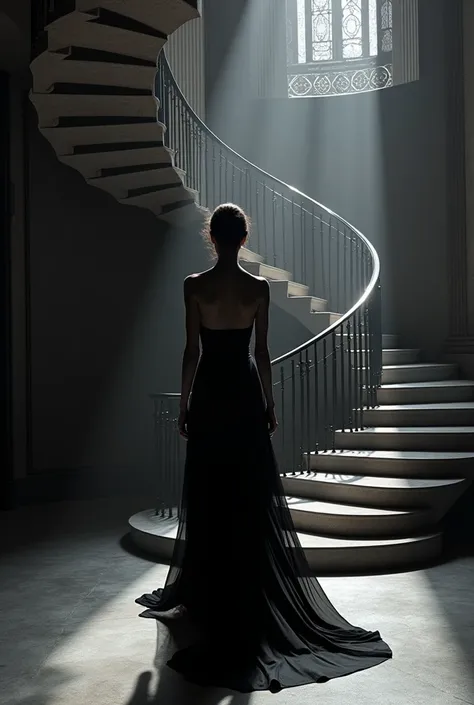  there is a spiral staircase in the center 、There is a staircase in the center 、 fashion show ,  there is a spiral staircase in the center 、 3 tiers reminiscent of an afternoon tea tray and plate.  the fashion model passes by ,  drawn in a fluid black silh...