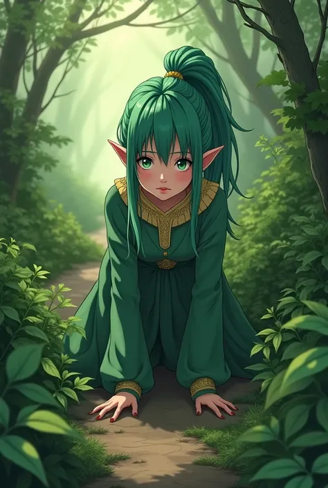 score_9, score_8_up, score_7_up, source_anime,masterpiese, Best Quality, Very detailed, anime style , source_anime ,Girl,short,green hair,ponytail hair,elf ears, No expression, Noble elven costume, green costume, small tits, In the forest ,The girl is surr...