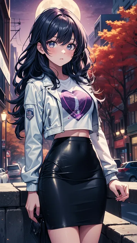 ((masterpiece, best quality:1.3, high detail)), beautiful woman, bright eyes, long wavy hair, (dark blue hair), ((white leather jacket, graphic tee)), (denim pencil ((skirt))), low rise skirt, slim body, city alley, night sky, purple sky, moon, (lower body...