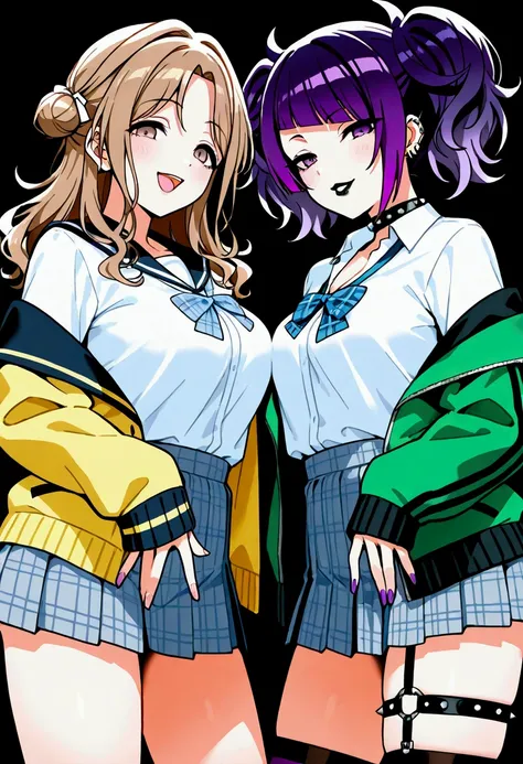 2girl tanaka mamimi, looking at viewer, open mouth, simple background, thighhighs, jewelry, school uniform, purple eyes, white shirt, purple hair, earrings, pleated skirt, open clothes, off shoulder, nail polish, open jacket, blue skirt, sleeves past wrist...