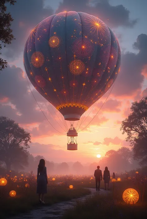 "A large hot air balloon without a basket starting to rise, surrounded by a magical environment .  The globe has vibrant and detailed patterns that emit a soft glow ,  with golden sparkles floating around .  The stage is a quiet meadow under a twilight sky...