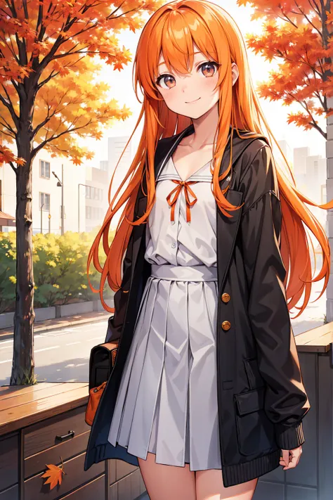 at city, afternoon, 1girl, height 150cm, Junior-highschool student, orange hair, long hair, bangs, (gray color eyes, slant eyes), tsurime, smiling face, flat chest, autumn girl clothes