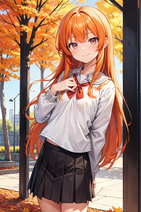 at city, afternoon, 1girl, height 150cm, Junior-highschool student, orange hair, long hair, bangs, (gray color eyes, slant eyes), tsurime, smiling face, flat chest, autumn girl clothes