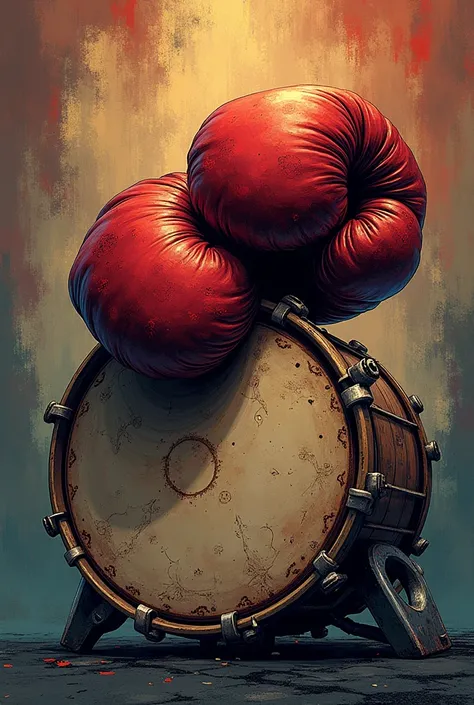 A drawing of a boxing glove and a drum 
