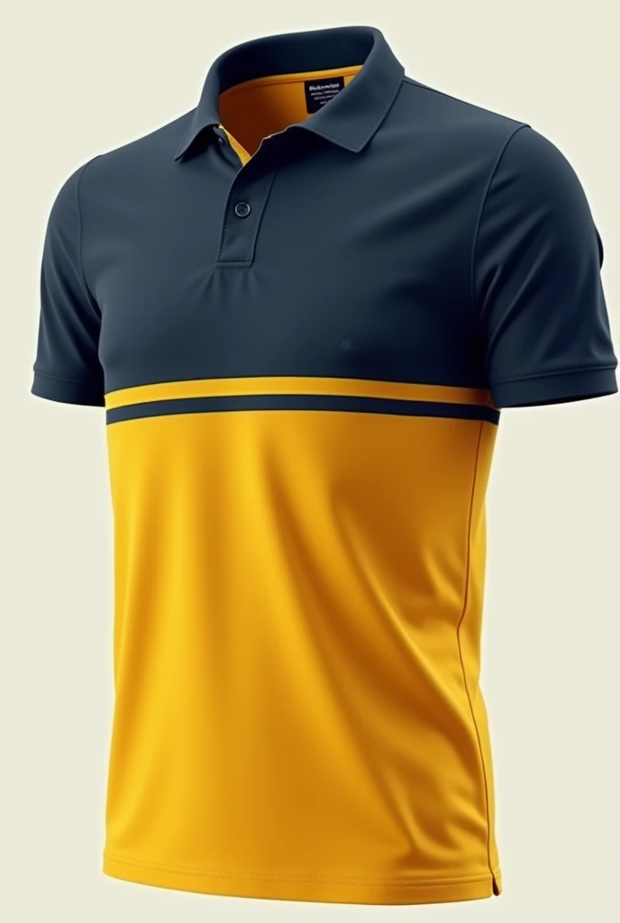 A modern two-tone polo T-shirt design featuring a navy blue top half, a yellow bottom half, and a black horizontal thin stripe in the middle. The design is.webp