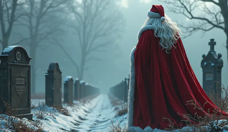 father christmas looking over a grave yard epic photorealistic surreal