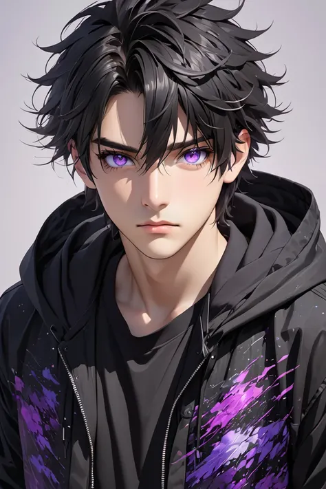 High Resolution, Looking at viewer, POV, Anatomically Correct, 1male, hunter eyes, violet eyes, black hair, messy hair, wears black casual jacket, wears a hoodie, beautiful effect, Best Quality, 