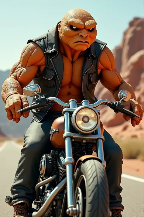 A rock orange ,  wearing a leather vest and riding a Harley Davidson 