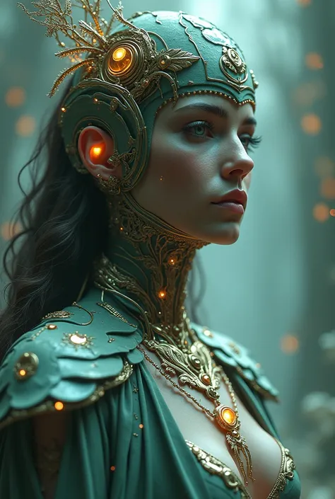 The goddess, Fortuna, glowing eyes, head to breast, silicone cybernetics. High Resolution, Masterpiece, Award Winning, Best Quality, High Details, High Quality, UHD, Optical Illusion, Impressionism, Art Deco, Cinematic, Cinematography, Futurism, Hyperreali...