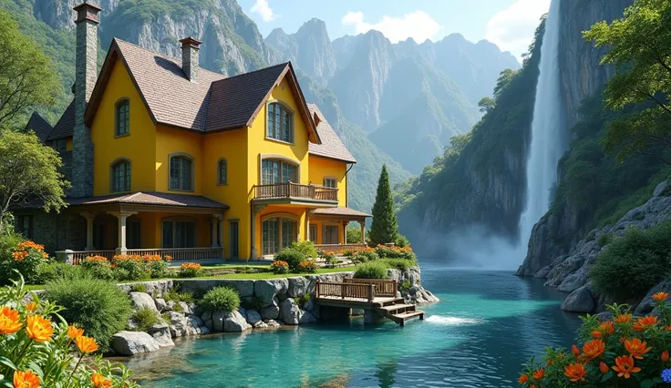 Yellow luxury villa, fully furnished, facing stream, waterfall, mountain, cascading from a high cliff into a crystal-clear blue river, colorful flower 
lilies garden, small wooden bridge, grass, wide view, beautiful design, Highly detailed features, insane...