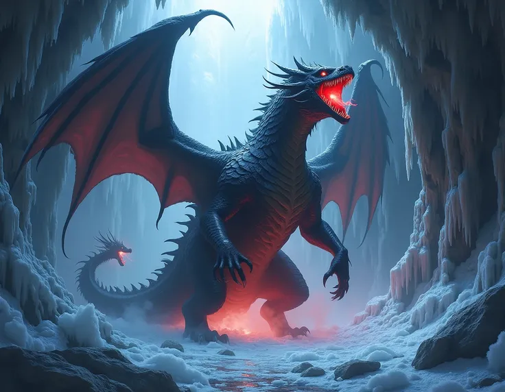 In the frozen cave, The black dragon is roaring, Red light is emanating from between the dragons scales.