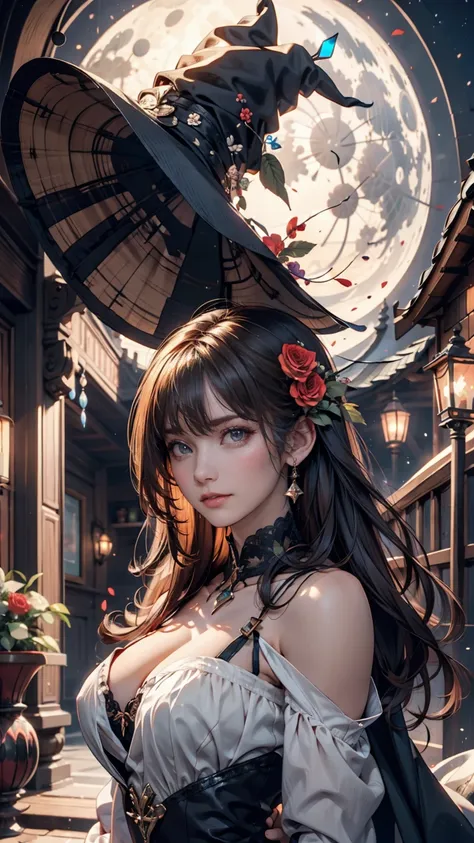 (  Masterpiece  ),( top quality), Illustration, (fantasy:1.4), witch, cute detailed digital art,  beautiful face,  brown hair,  Im going to raise my hair, city, mountain, Dark colored long dress,  a moon , flower , paper_cut