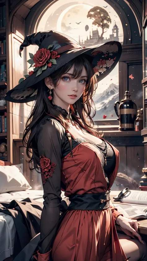 (  Masterpiece  ),( top quality), Illustration, (fantasy:1.4), witch, cute detailed digital art,  beautiful face,  brown hair,  Im going to raise my hair, city, mountain, Dark colored long dress,  a moon , flower , paper_cut