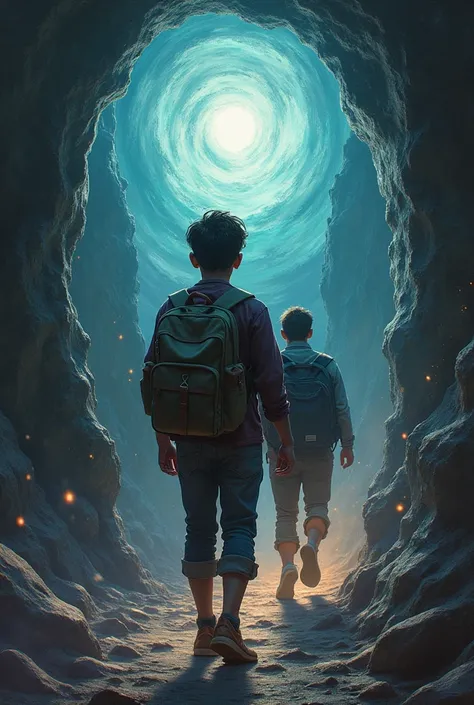  a teenager with worn clothes and backpack enters the portal,  with a man with a misaligned beard and a jacket behind him.  The scene is distorted in swirls of magical colors. They are both on their backs  