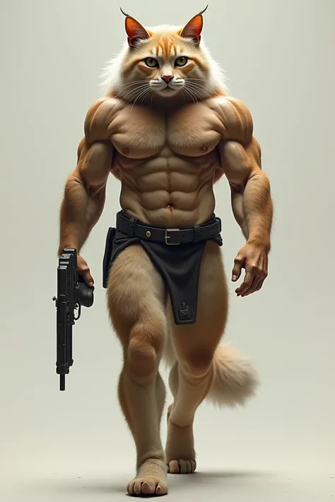 Create a muscular full body with a Persian cats head walking with a gun