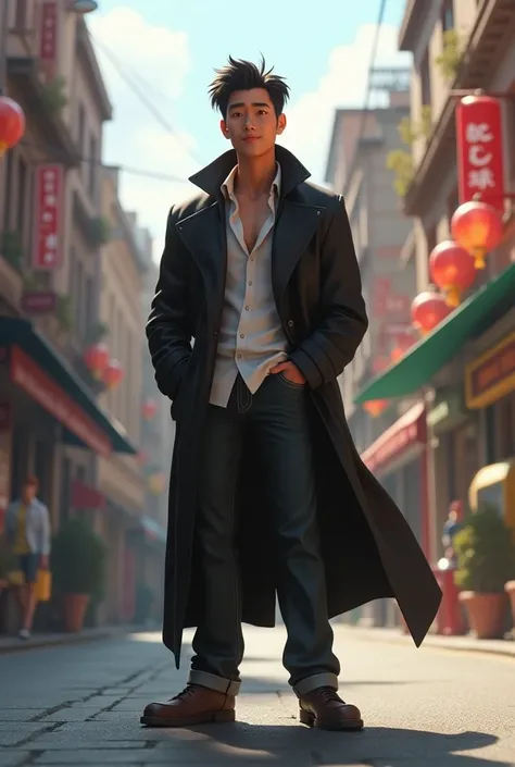 asian male villain, full body, casual outfit , in the street, 3d animation, pixar