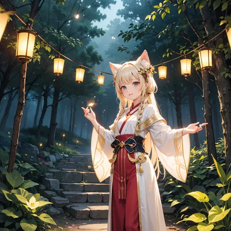 there is a girl that is standing in the woods with lanterns, concept art by Yang J, pixiv contest winner, fantasy art, among wonderful golden fireflies, girl under lantern, magical forest with fireflies, cozy night fireflies, a beautiful artwork illustrati...