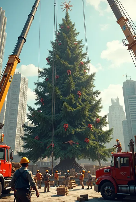 Create an image with construction people assembling a Christmas tree with trucks full of material such as rods and mesh 