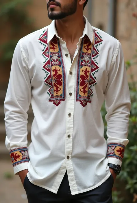 Mens shirt, of linen or cotton,  with Mexican embroidery 