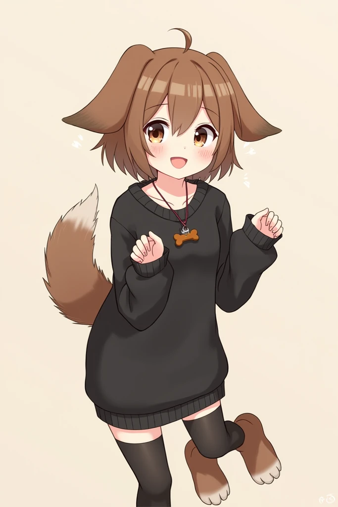 A cheerful girl with dog features: floppy ears, a fluffy tail, and paw-like feet. She has short brown hair, wears an oversized black sweater, thigh-high stockings, and a bone-shaped necklace, giving her a cute, playful vibe, naked