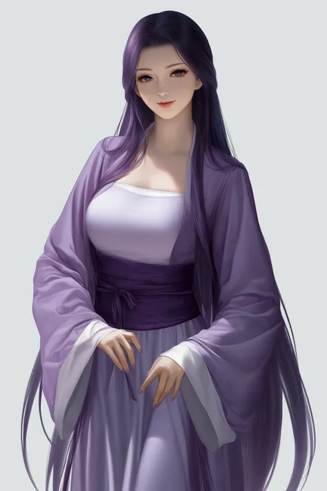 purple hair ,purple hanfu, medium breasts, very long hair, smile, masterpiece, best quality, realistic, 8k, official art, cinematic light, ultra high res, perfect female body, sharp focus, guofeng, 1girl, solo, chinese clothes, realistic, nail polish, simp...