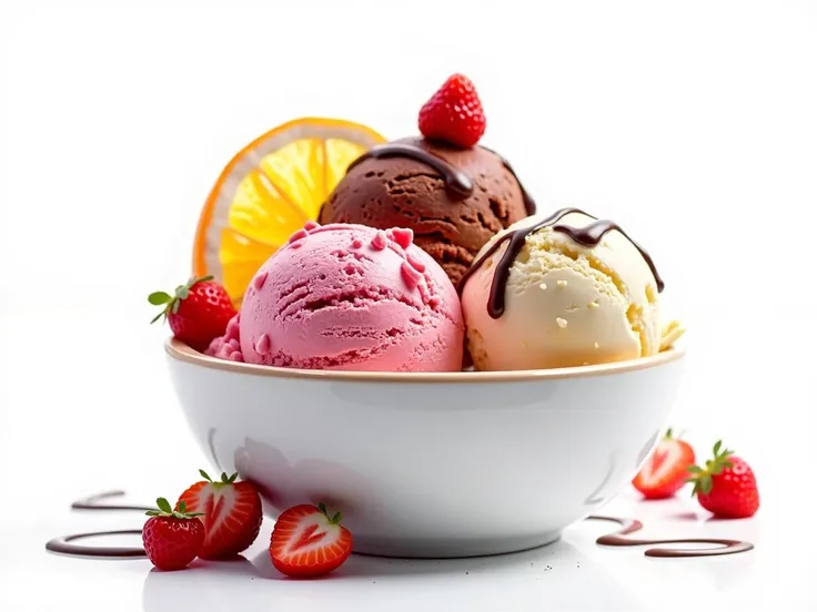 An ice cream bowl contains three brightly colored ice cream balls: strawberry, chocolate, and vanilla, decorated with fresh fruit pieces and melted chocolate. on a white background.