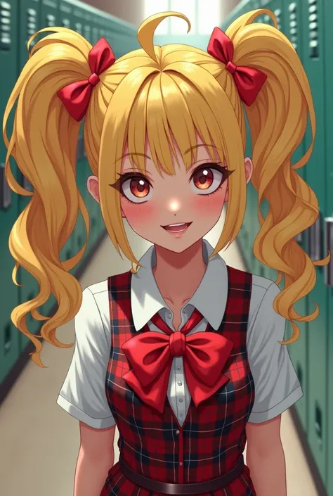 "A sexy, very sexy high school student from the United States with completely yellow hair styled in a high ponytail, featuring soft curls at the ends inspired by a delicate wavy pattern. Her hair is tied with a bright red ribbon. She wears a realistic scho...