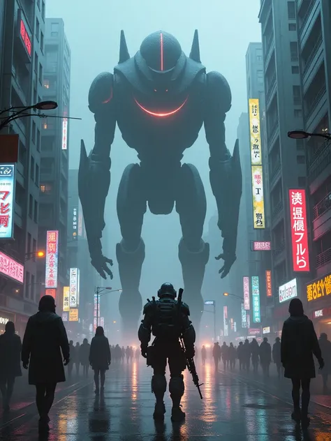 Heres an improved prompt for your sci-fi scene: Setting: Tokyo street, night. Rain pours down, creating a thick fog that obscures the neon glow of the towering skyscrapers. Slick pavement reflects the flickering lights, adding to the disorienting atmospher...