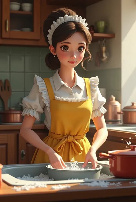 Create an image of a maid washing pots with yellow apron
