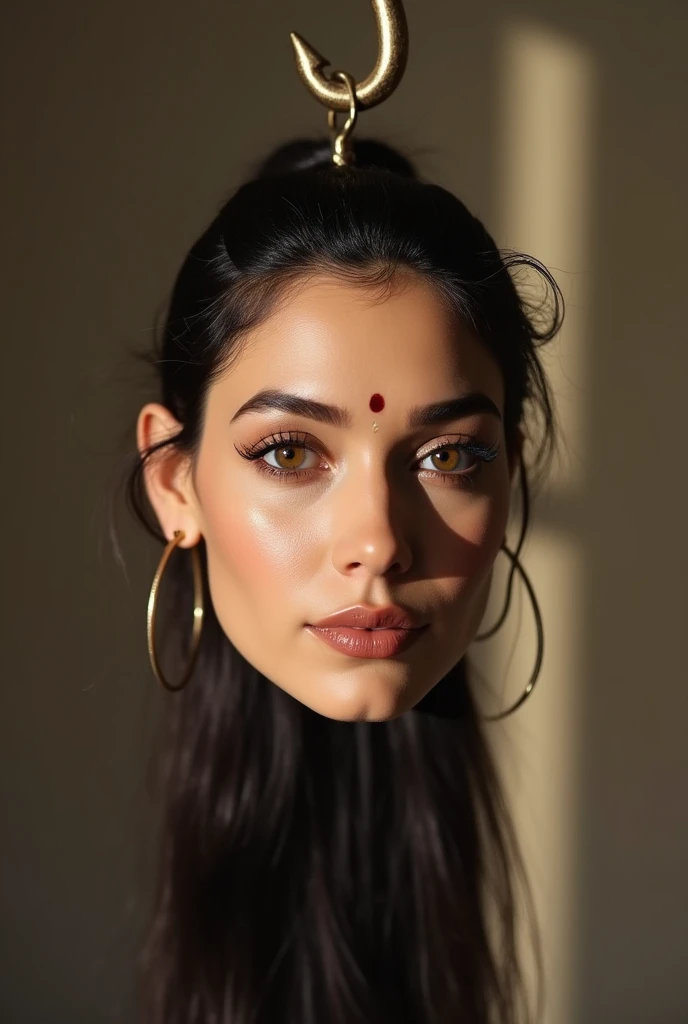 a beautiful actresss amputated head hanging by a hook in film festival. Amputated head has dark pony tail hair style, bindi on forehead precisely between eye brows, wearing ear ring, tiny nose ring, and wearing natural makeup. Amputated head showcasing ful...