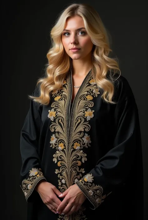 Close up, blonde Moroccan, plump woman . She wears a caftan decorated with gold and white threads embroidered with a modern and high quality technique, black background with colored smoke 