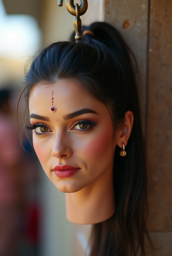 a beautiful actresss amputated head hanging by a hook in film festival. Amputated head has dark pony tail hair style, bindi on forehead precisely between eye brows, wearing ear ring, tiny nose ring, and wearing natural makeup. Amputated head showcasing ful...