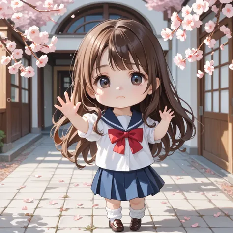 (1 Chibi Girl, Alone:1.3), cute,   big lowered eyes, ( Dark Eyes:1.1), (  brown hair on one woman:1.1), Waving right hand
  (    Masterpiece   ,   top quality,   super detailed:1.2),Sad, expression,  sheds tears,  1 girl , solo,  long hair,  straight hair，...