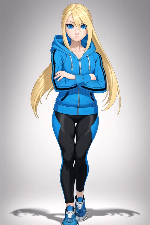 (masterpiece, 4k, high quality, colorful, super detailed eyes and face:1.2), 1girl, solo, Gen-Z, Zoomer, female, pale skin, blue eyes, and blonde hair. She is wearing a gray hoodie with a blue logo, Lululemon-branded black leggings, and white sneakers. She...