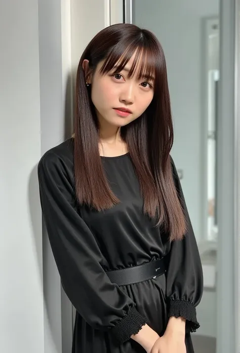 (8k、 RAW photos 、 top quality、  Masterpiece  :1.2)、jet black long sleeve dress、Hair straightening 、 long hair、  straight hair、Beautiful shiny hair、 high resolution RAW color photo、 professional photos、( realistic 、photo  realistic :1.37)、自然光で撮shadow、 1 gir...