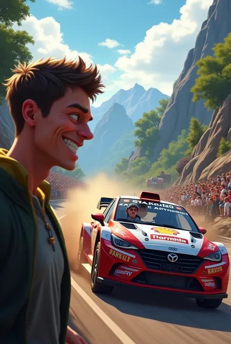 create a man smile mischievous at a handsome man in rally car racing event