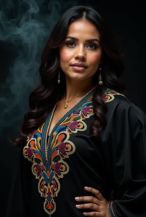 Close up, Moroccan plump woman . She wears a modern caftan decorated, black background with colored smoke 