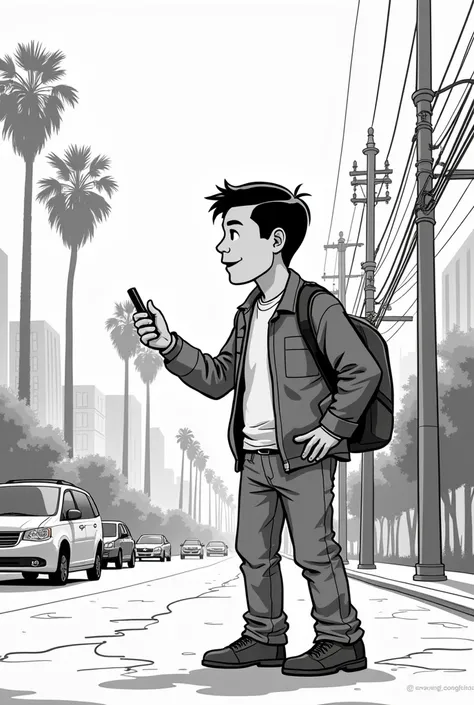  I need a black and white image ,  in the cartoon style of Marcus Yam  ( Marcus Yam is a traveling foreign correspondent for the Los Angeles Times and photographer. Born and raised in Kuala Lumpur ,  Malaysia )