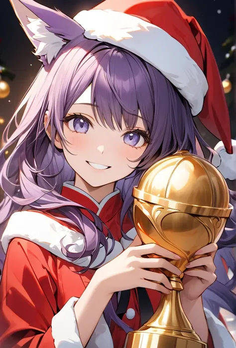  upper body（((  Masterpiece  ), On)"""" perfect face, Purple Hair, long hair, wave hair, fox ears,   beautiful eyes ,  Japanese ,   Clean Facial Features  ,   Shes wearing a Santa Claus costume , Wearing bright red clothes  . Smiling and holding a golden t...