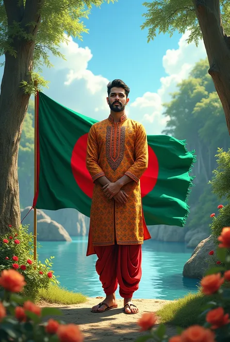 A man and background nature and Bangladeshi flag