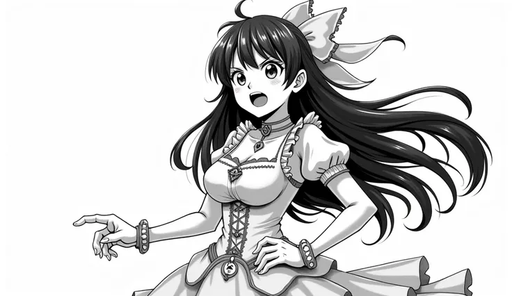 Image is a black and white manga-style illustration featuring a female character with long, flowing hair, her chest is big and large, expressive eyes. She has a determined expression, with her mouth open as if shouting. Her hair is adorned with a large bow...