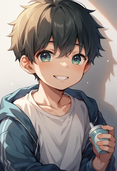 score_9, score_8_up, score_7_up, source_anime cute teenage boy, male shota,  hair bangs that cover he eyes, smile. 