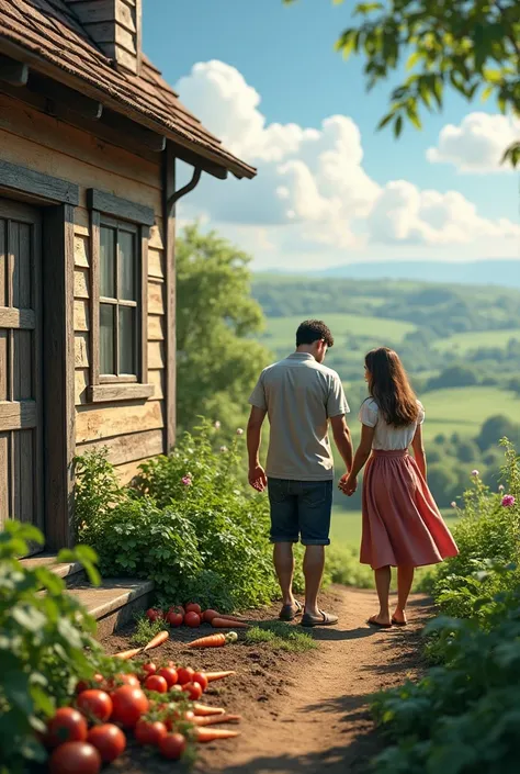 The couple were picking vegetables together next to the cottage 