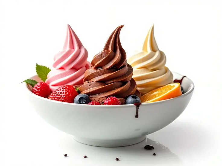 An ice cream bowl contains three brightly colored ice cream balls: strawberry, chocolate, and vanilla, decorated with fresh fruit pieces and melted chocolate. on a white background.
